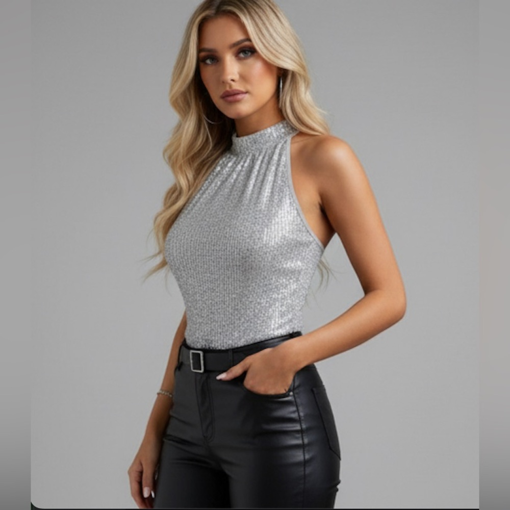 Silver Tie Back Sequin Halter Top - Picture 2 of 9